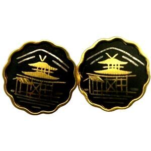 Vintage 1940s Amita Damascene Golden Pagoda on Black Enamel Pierced Earrings